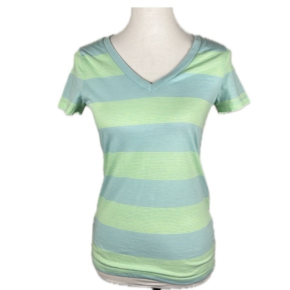 MOSSIMO V-Neck Fitted Baby T-shirt S Aqua Mint Stripes Y2K Bright Kidcore Cute - Picture 1 of 9